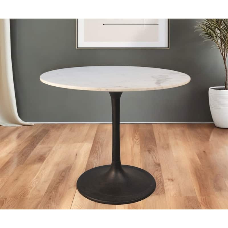 HomeRoots 36" White And Black Rounded Marble And Iron Pedestal Base Dining Table - 36.00 in. x 30.00 in. x 36.00 in. - White - 36.00 in. x 30.00 in.  x 36.00 in.
