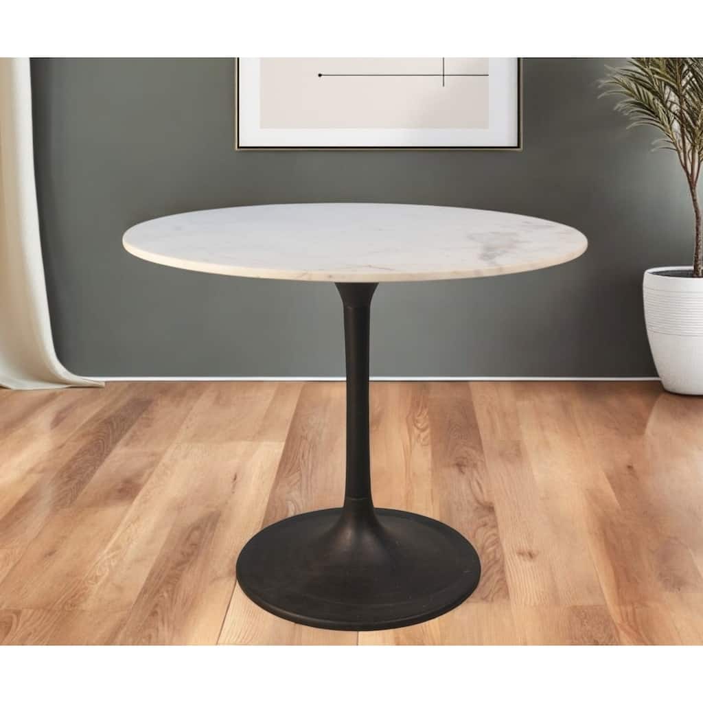 HomeRoots 36" White And Black Rounded Marble And Iron Pedestal Base Dining Table - 36.00 in. x 30.00 in. x 36.00 in.