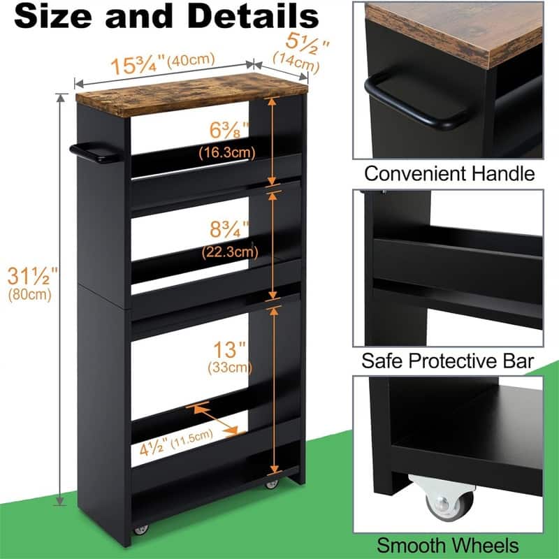 Storage Cart 7.9" W 4Tier Black Kitchen Cart on Wheels