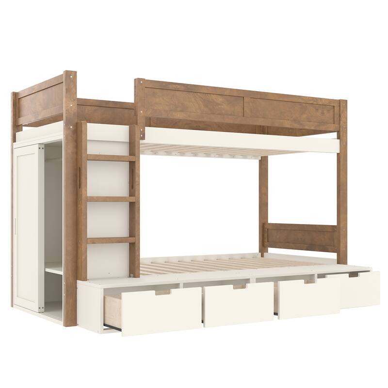 Twin Over Twin/Twin XL Over Full Bunk Bed Solid Wood Storage Bedframe with Built-in Wardrobe, 4 Under Drawers and Guardrails
