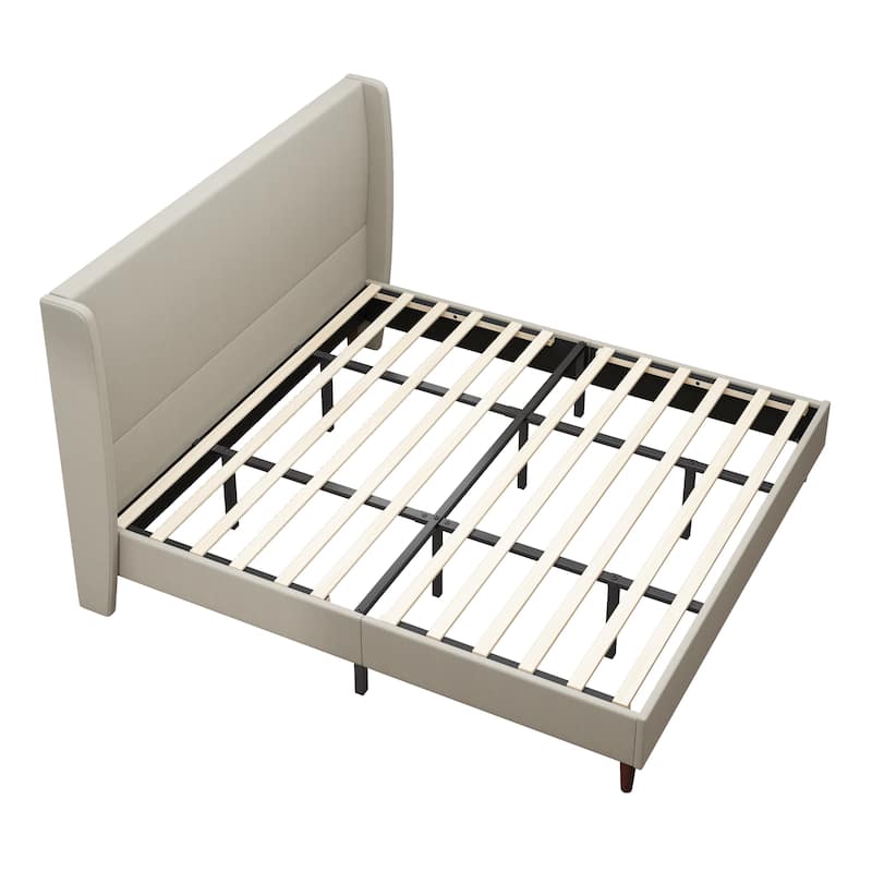 Wingback Upholstered Bed Platform Bed with High Headboard, Solid Wood Legs and Wooden Slats - Available Chenille or Linen