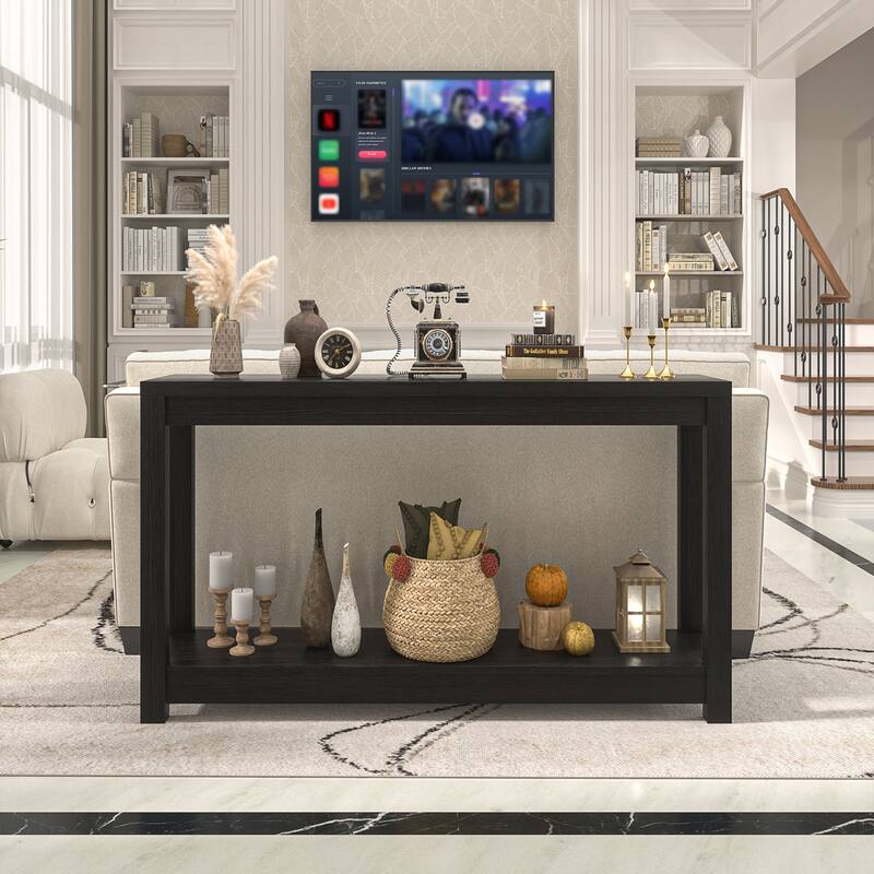 Farmhouse Black Thick Console Sofa Table, Wood Entryway Desk with Storage Shelf
