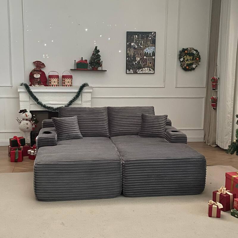 Oversized Boneless Double Chaise Lounge, Sectional Deep Seat Cloud Couch, Oversized Compressed Loveseat Sleeper Sofa - Grey