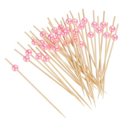 Bamboo Cocktail Toothpicks Pink Pearl Bead Drink Picks Skewer 100Pcs - 4.72"