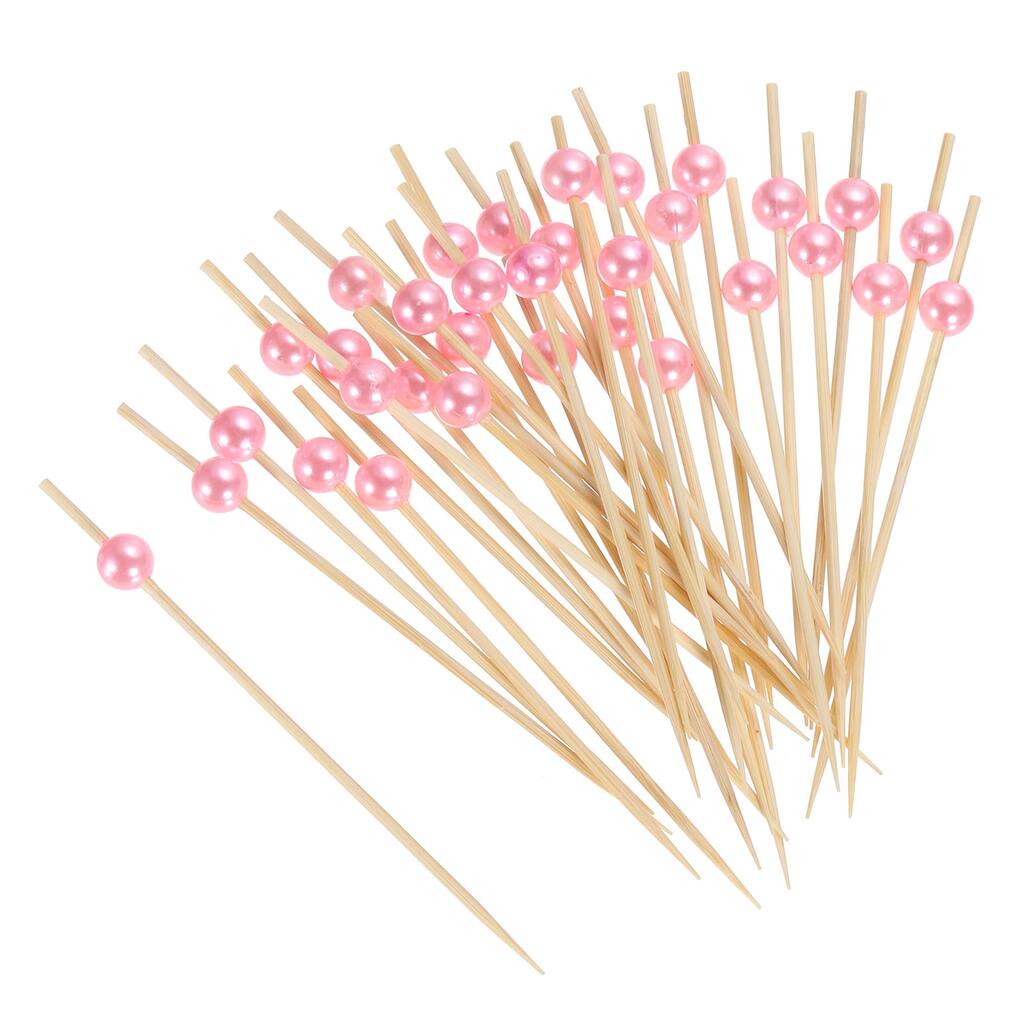 Bamboo Cocktail Toothpicks Pink Pearl Bead Drink Picks Skewer 100Pcs - 4.72"