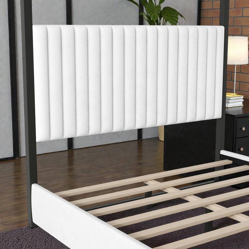 Upholstered Canopy Platform Bed with Headboard, Metal Frame Queen King Bed, No Box Spring Needed