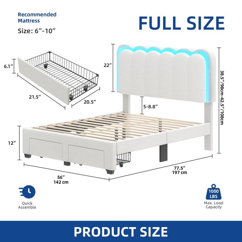 Moasis Lamb Wool Bed Frame with 2 Drawer, Adjustable Headboard with Charging Station and LED Lights - Full