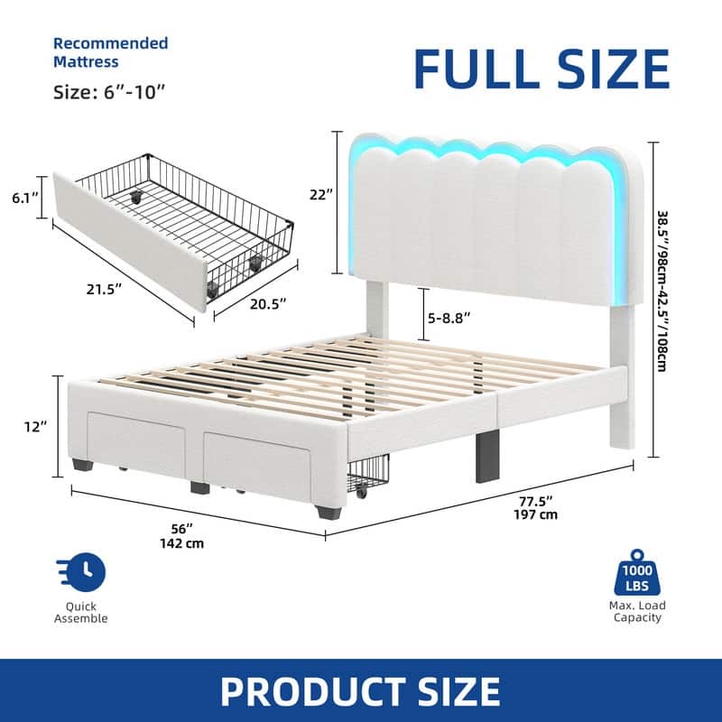 Moasis Lamb Wool Bed Frame with 2 Drawer, Adjustable Headboard with Charging Station and LED Lights