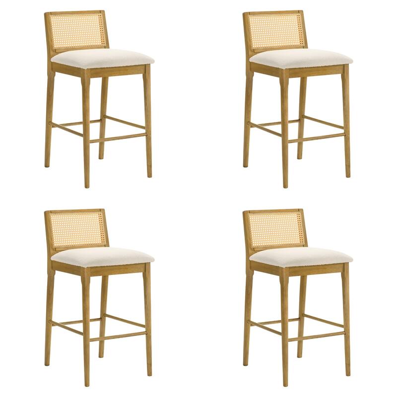 Tobias Rattan and Wood Bar Stool, Counter Height Kitchen Stool with White Boucle Fabric Upholstered Seat - Set of 4 - Amber Glow - Bar Height