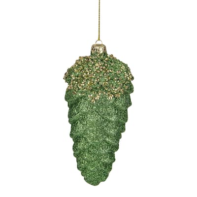 5.5" Green and Gold Glitter Beaded Pine Cone Christmas Ornament