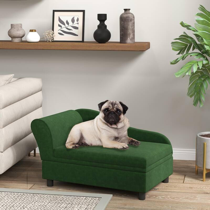Faux Linen Pet Sofa with Storage Small Dog Couch with Thick Tufted Cushion Backrest and Armrests for Dogs - Green