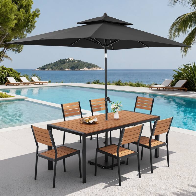 9-Piece Outdoor Patio Dining Set Wood Like Aluminum Umbrella Hole Table with Stackable Chairs, Market Umbrella and Wheel Base - BrownTable&BrownChairs&BlackUmbrella