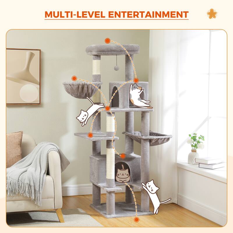 66" Cat Tree, Cat Tower with Sisal-Covered Scratching Post, Super Large Metal Hammock and 2 Big Condos