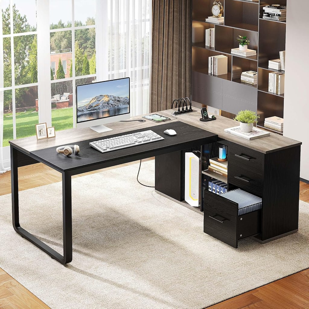 Moasis 70" Executive Desk w/ USB Port & Power Outlets, L Shaped Computer Desk with Storage Cabinet