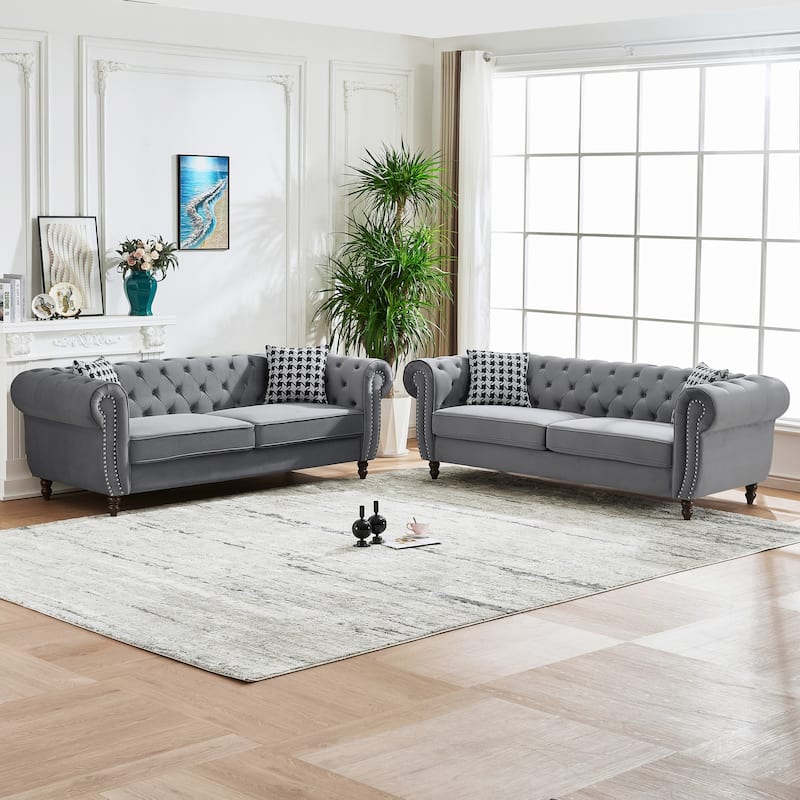 Roomfitters 87" Classic Chesterfield Upholstered 2-Piece Sofa Set, Buttoned Back Scrolled Arm 3+3 Couch Furniture Set - Gray