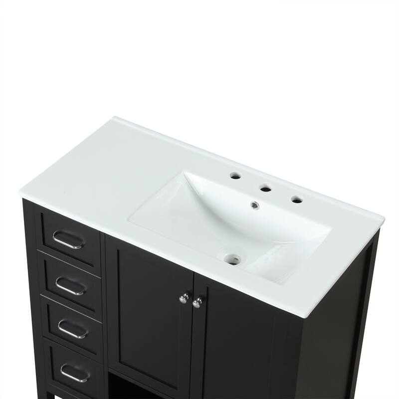 Freestanding Storage Cabinet Bathroom Vanity with Drop-In Sink, Ceramic Top, 2 Doors, 2 Drawers and Open Shelf