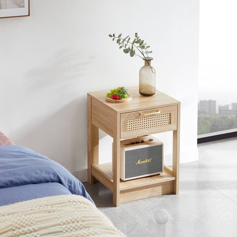 Mid-Century End Table with Storage Drawer and Open Shelf Rattan Bedside Table Small Side Table