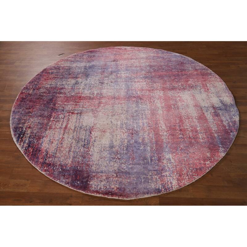 Contemporary Abstract Round Area Rug Handmade Beige Wool Carpet - 6'6" x 6'6"