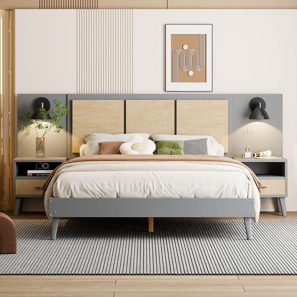 slide 2 of 10, Queen Size Solid Wood Bed Frame with 2 Nightstands, Platform Bed with Lamps, Rattan and Wood Combination, Grey Grey