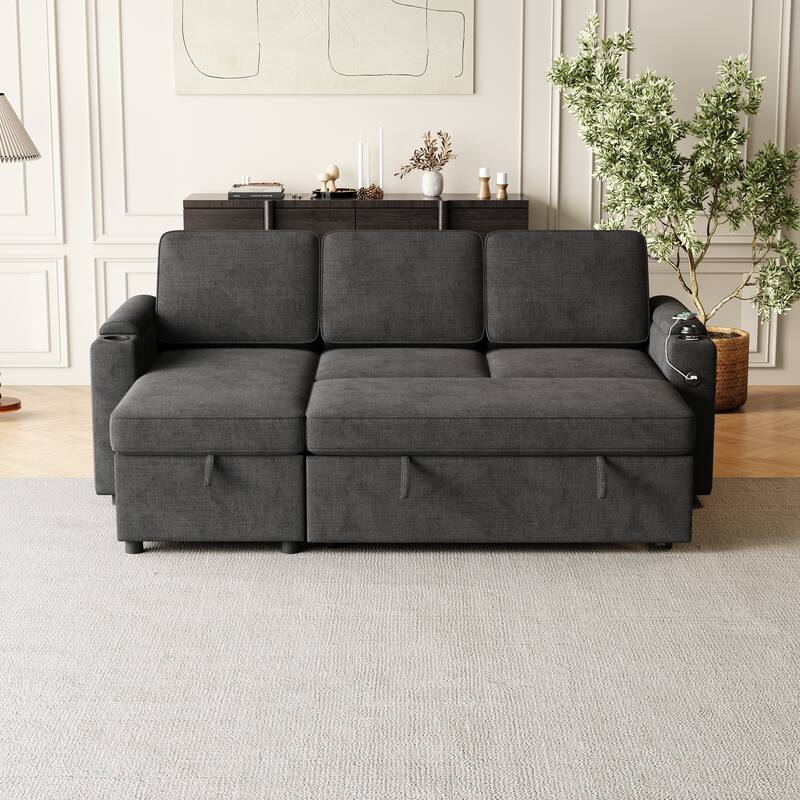 Sleeper Sofa with Storage, Cup Holder and USB Charging Port,Couch with Pull Out Bed, Daybed for Living Room Bedroom