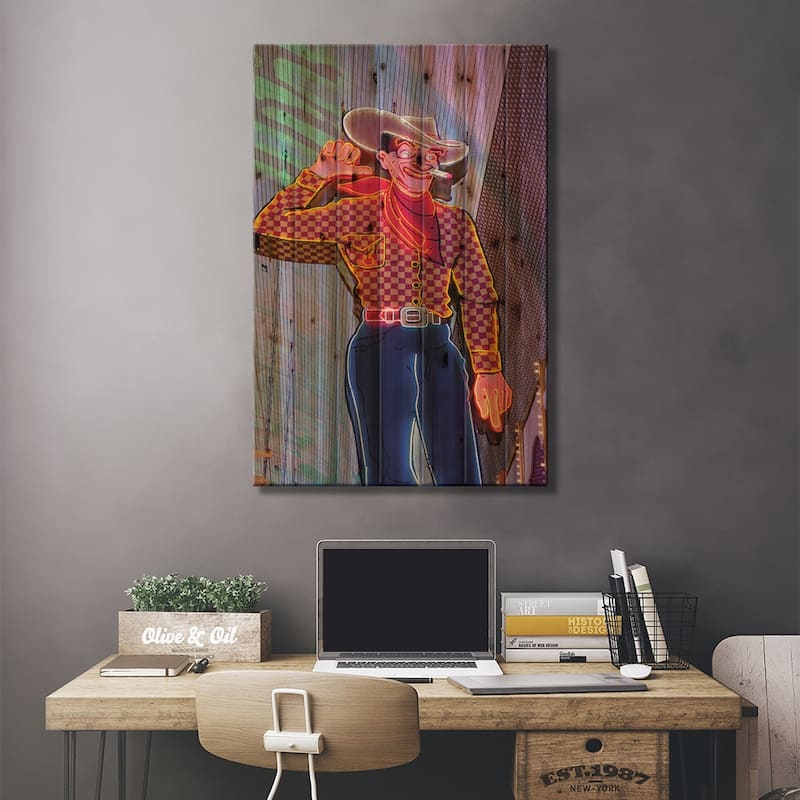 Vegas Vic Neon Sign In Zoom, Fremont Street, Downtown Las Vegas, Nevada, USA Print On Wood by Michael DeFreitas - Multi-Color