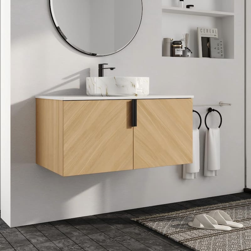 Malwee 30"/36" Floating Bathroom Vanity, Wall Mounted Bathroom Vanity with Ceramic Sink and Soft Close Door