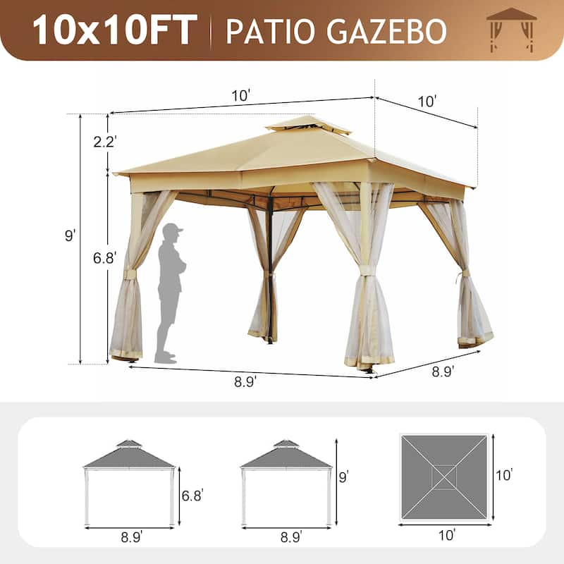 10x10 Outdoor Gazebo Tent with Double Roofs, Patio Gazebo with Mosquito Netting, Canopy for Backyard, Garden, Lawn and Deck