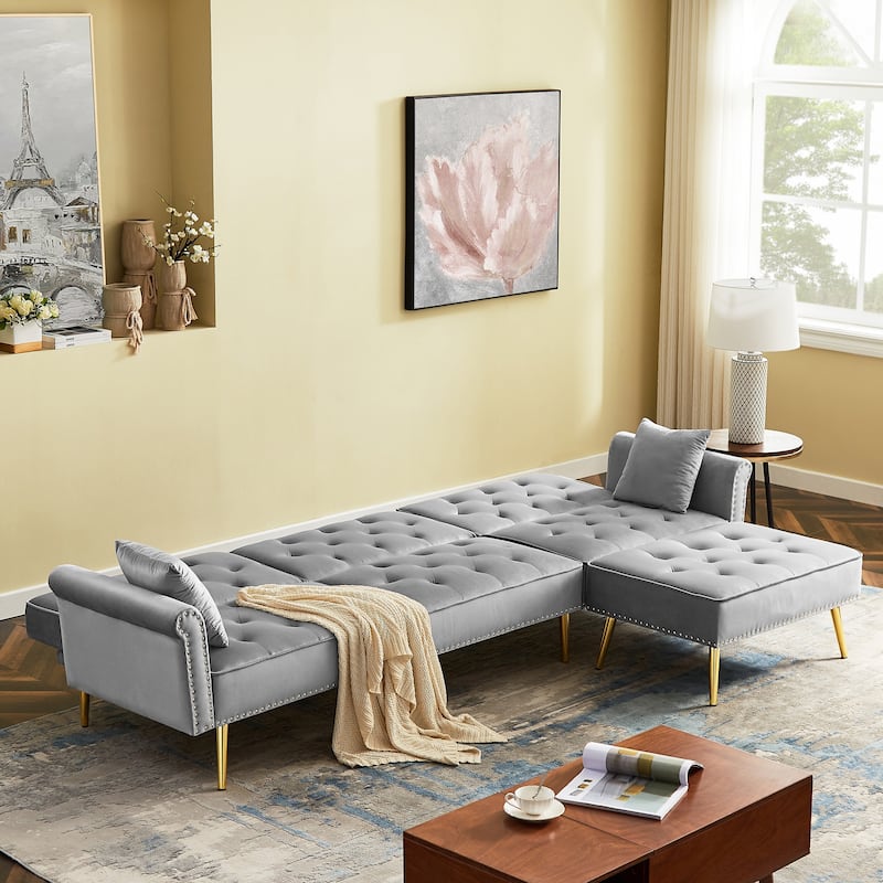 Modern Velvet Upholstered Sectional Sofa Bed, LShaped Reversible 3