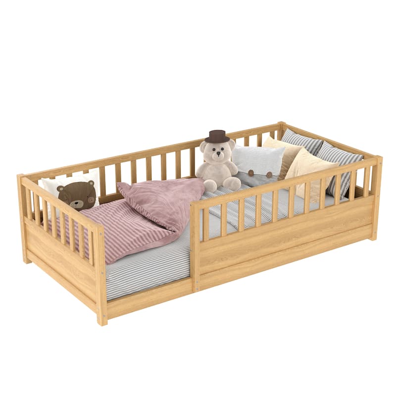 Floor Bed Pine Wood Bed Frame with Fence for Kids Easy Assembly