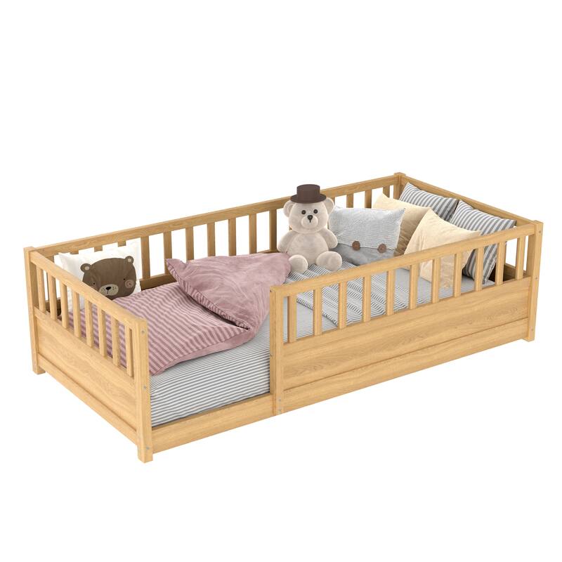 Twin Size Floor bed, integral construction with super high security barrier, door, children's floor bed frame