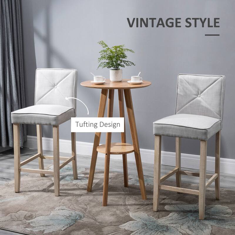 Set of 2 Beige Upholstered Bar Stools with Comfortable Cushion and Footrest Wood Frame - 17.75" W x 21.75" D x 41.75" H
