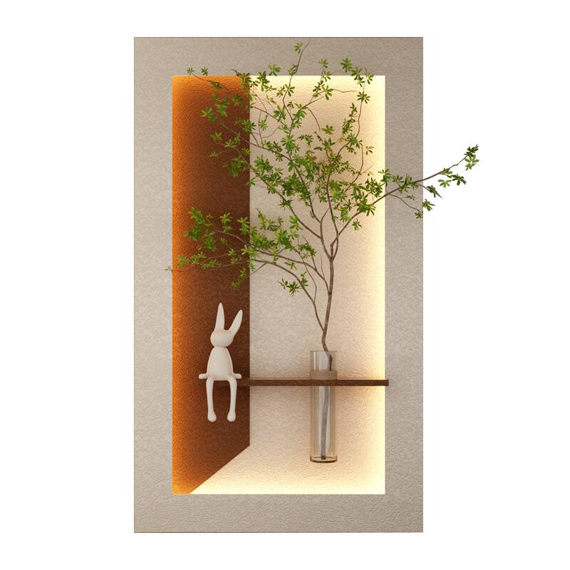 Adjustable 3-Color LED Sandstone Wall Decor with Simulated Green Plants, Glass Vase & Rabbit Statue, Remote Control Light Strips