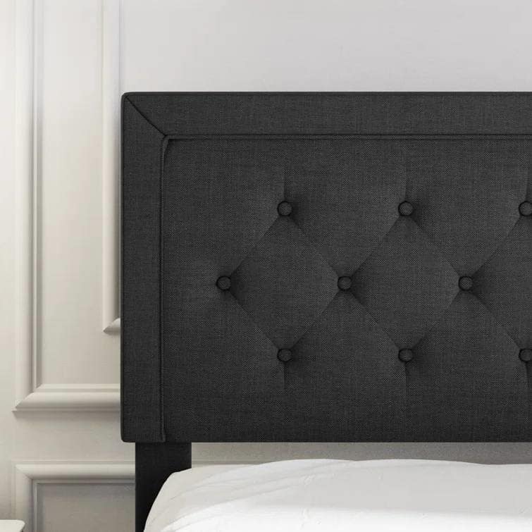 Modern Linen Upholstered Platform Bed with Tufted Button Headboard and Wood Slat Support