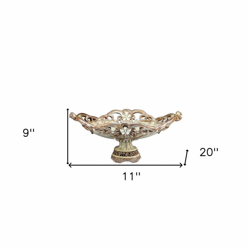 HomeRoots 9" Beige And Gold Polyresin Decorative Bowl - 11' X '9' X '20