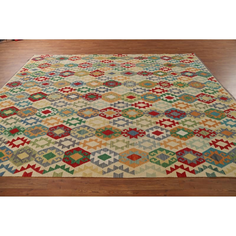 Geometric Beige Kilim Oriental Area Rug Flatweave Wool Carpet - 8'5" x 10'3"