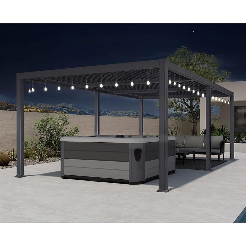 PURPLE LEAF Outdoor Louvered Pergola with Adjustable Metal Roof for Patio Pergola - 11.4' x 20.4' - Grey(String Light )
