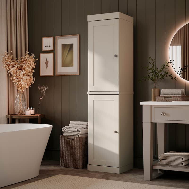 100% Solid Wood Tall Bathroom Linen Storage Cabinet with Doors & Adjustable Shelves, 16.5" W x 71.5" H, Palace Imports - Off White