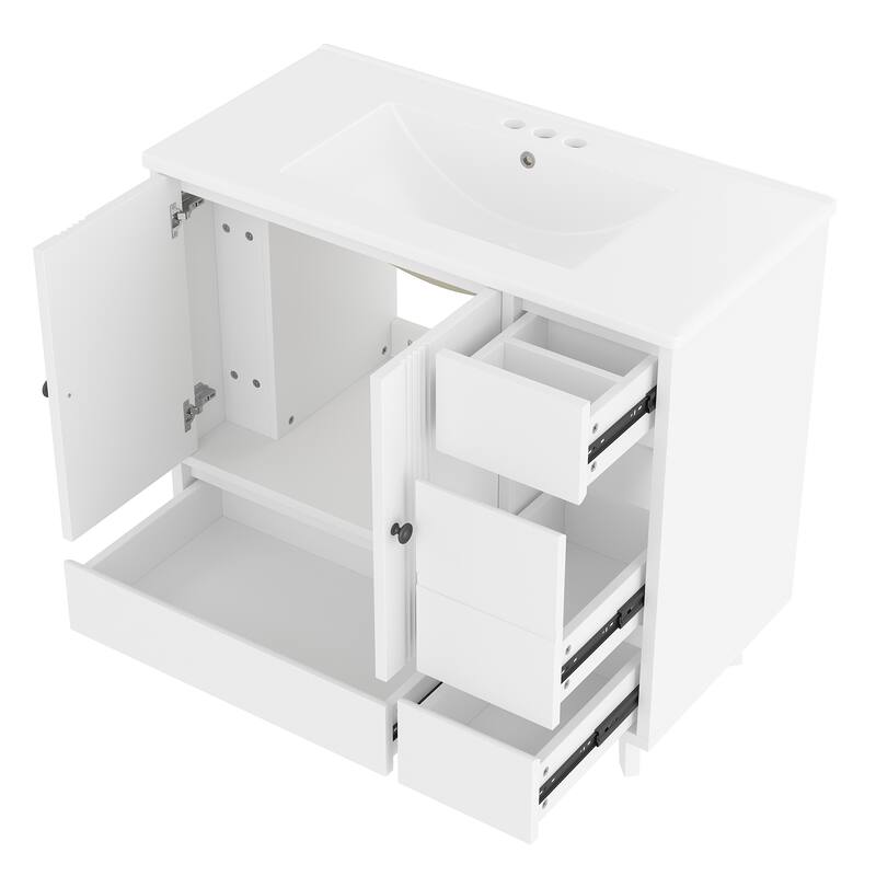 36" Freestanding Bathroom Vanity with Sink - Wood Cabinet with 4 Drawers & Side Storage Rack, Ceramic Basin