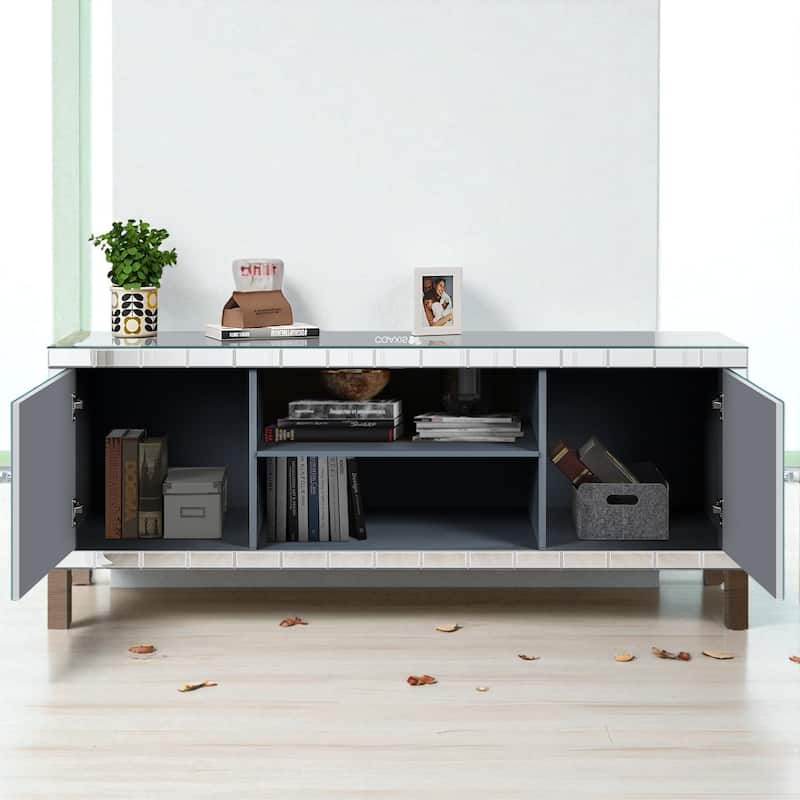 Mirrored TV Stand for 65+ Inch TVs, Silver Console Table with Diamond Crushed Mirror Doors & Storage Cabinets