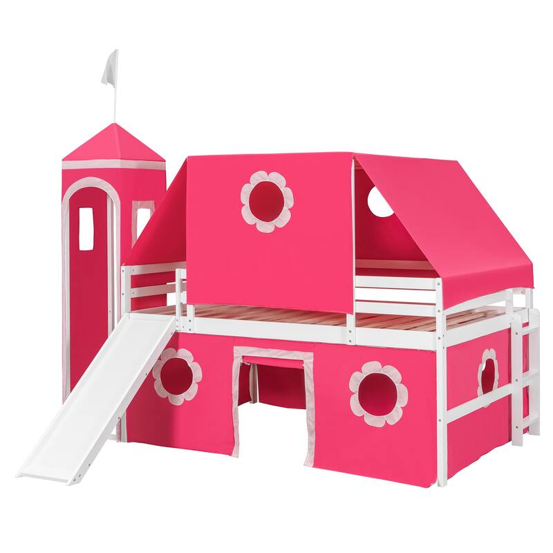 Roomfitters Full Size Loft Bed with Slide, Pink Tent and Tower Playhouse Design