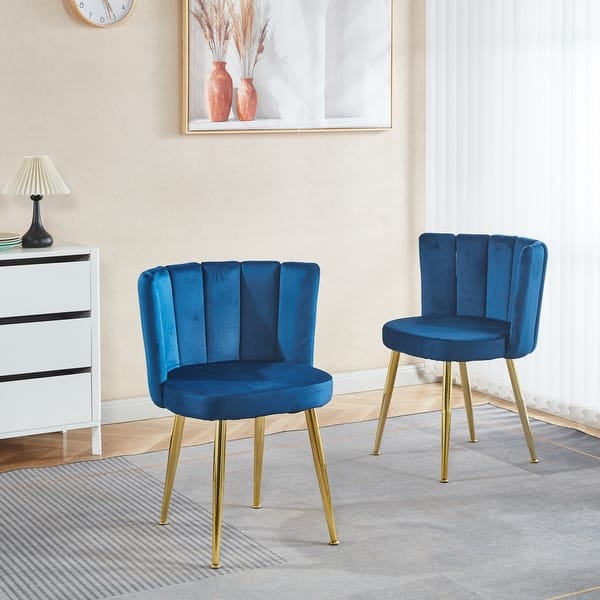 slide 2 of 16, Modern dining chair(set of 2 ) with iron tube golden color legs, velvet and comfortable backrest Blue1