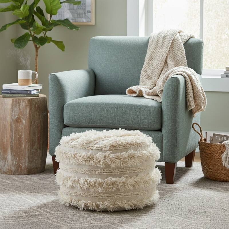 Sevita Fluffy Shaggy Faux Ivory Pouf Ottoman - 18" x 14" - Ivory