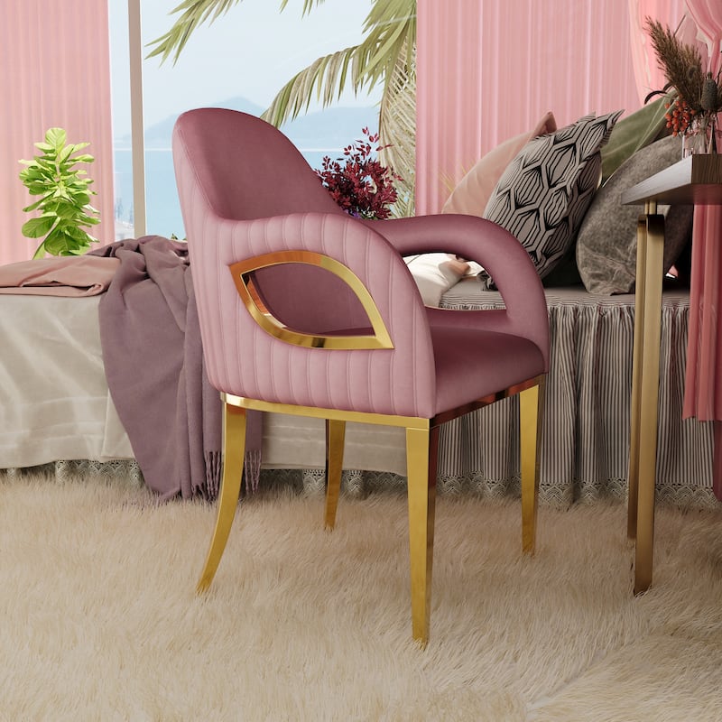 Comfy Pink Velvet Accent Armchair with Fox-Eyes Arms