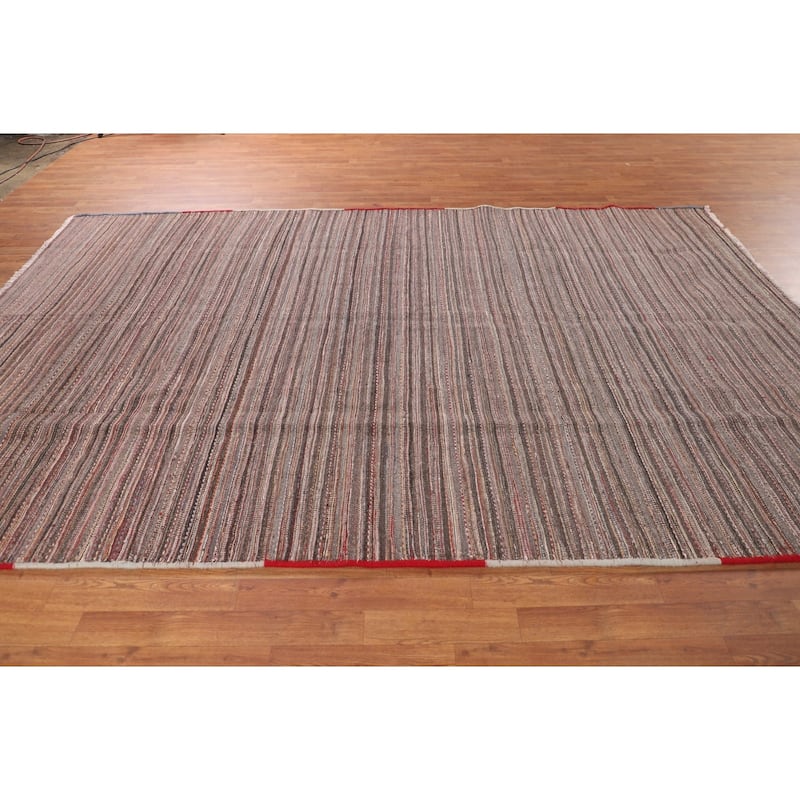All-Over Striped Kilim Persian Vintage Area Rug Hand-Woven Wool Carpet - 7'3"x 11'0"