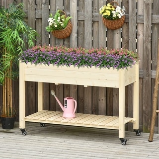Mobile Raised Garden Bed with Lockable Wheels and Storage Shelf - Bed ...