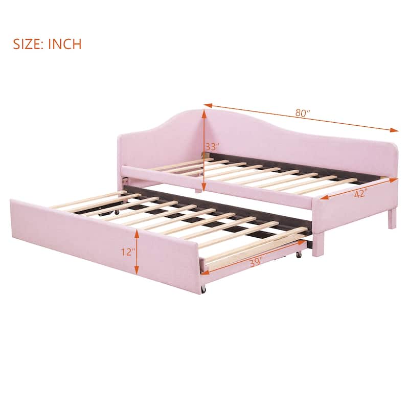 Twin Size L-Shaped Upholstered Daybed with Pop-Up Trundle in Pink