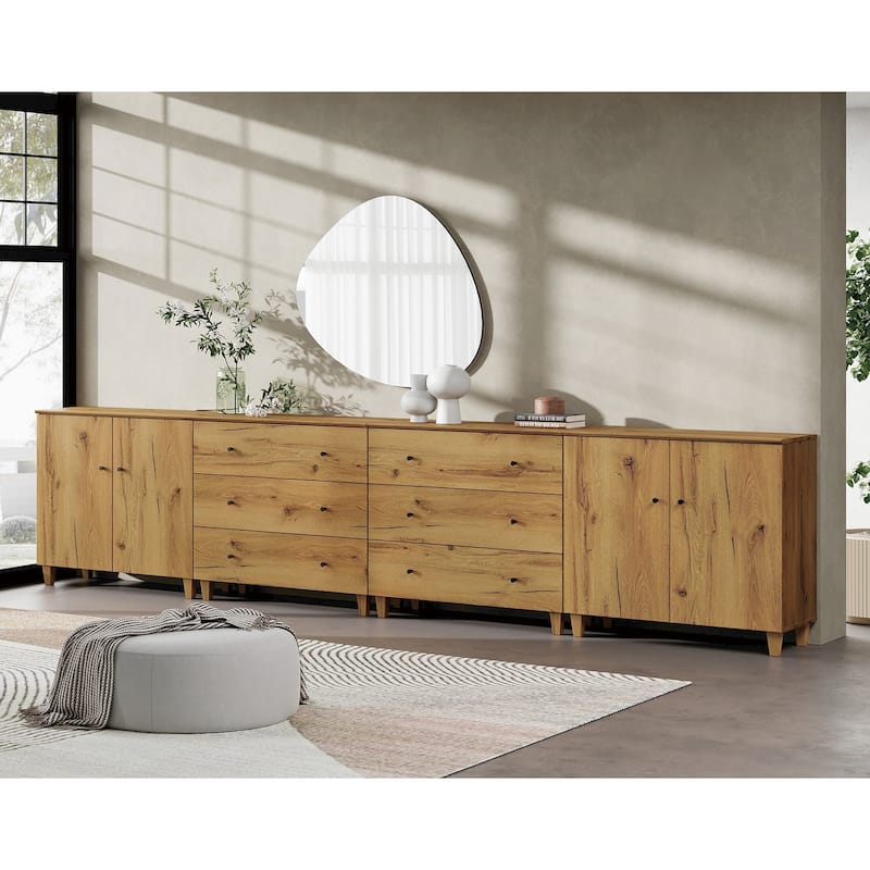 Wood Dresser with 6 Drawers and 2 Cabinets for Bedroom, 142" Wide - Oak Brown
