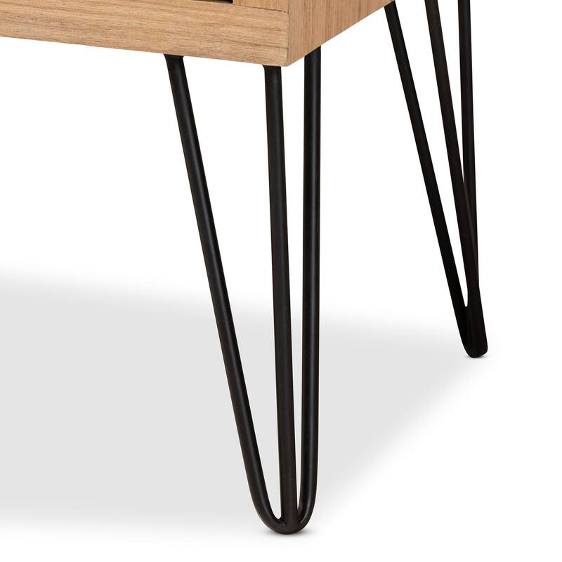 Modern Two-Tone Walnut and Black Wood Storage Cabinet - Stylish Organizer with Metal Legs and Door Handles