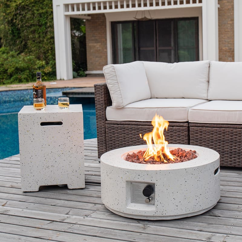 COSIEST 2-Piece Outdoor Round Firepit with Tank Cover Table - 28" W x 28" L x 12" H