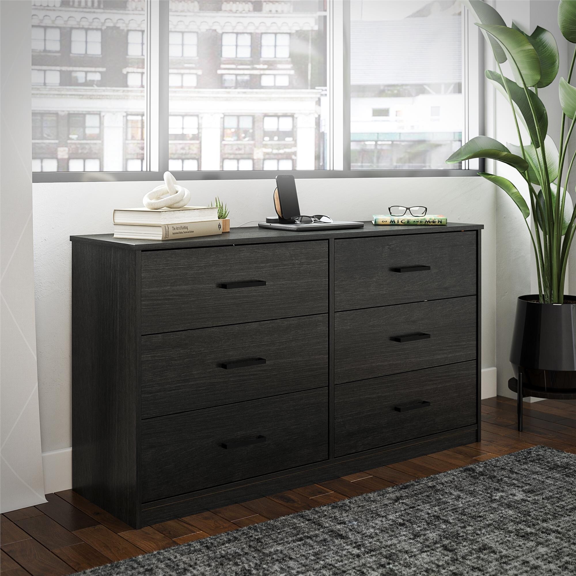 ameriwood black dresser Ameriwood Home Wimberly 6-Drawer Dresser, Black Oak with Faux Rattan